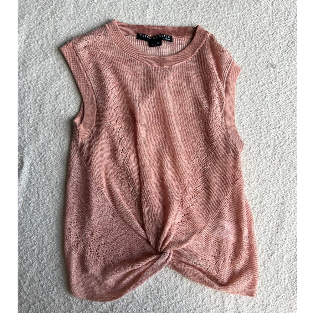 Veronica Beard Jeans Pink Linen Blend Twist Front Pointelle Knit Tank Top Small